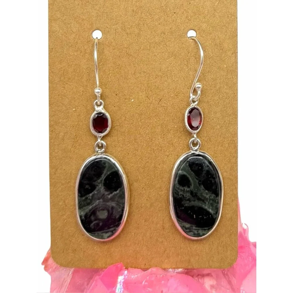 African Kambaba Jasper Garnet Earrings Solid 925 Sterling Silver